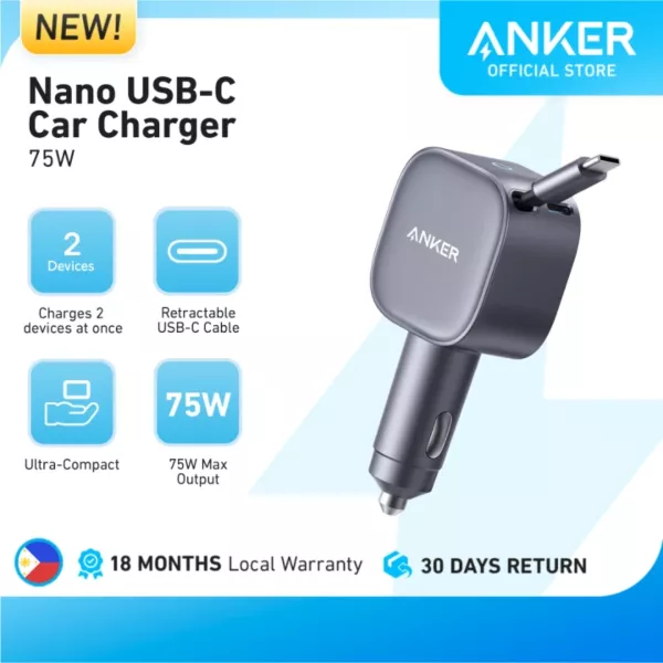 Anker Nano Car Charger (75W, with Retractable Cable) -Gray
