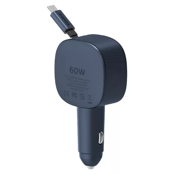 Momax 1-Move+ 60W 2-Port Car Charger with Built-in Retractable Cable - Gray
