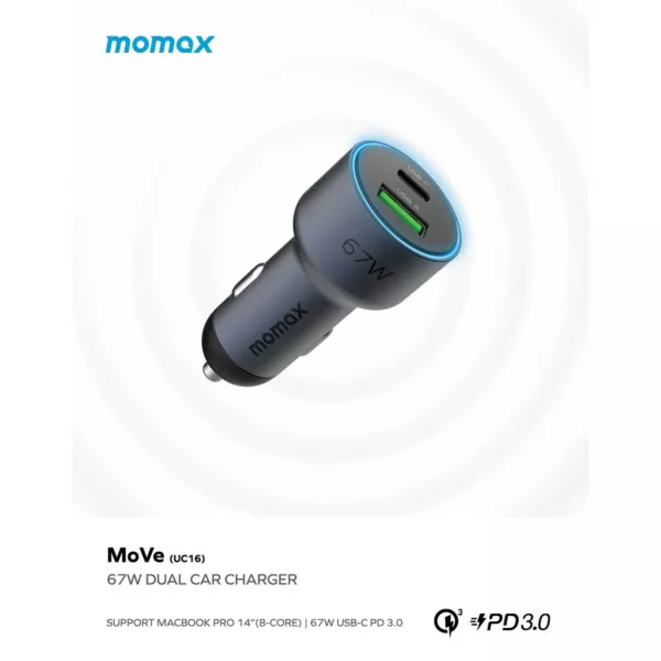 Momax Move 67W Dual USB-C USB-A Car Charger - Space Gray