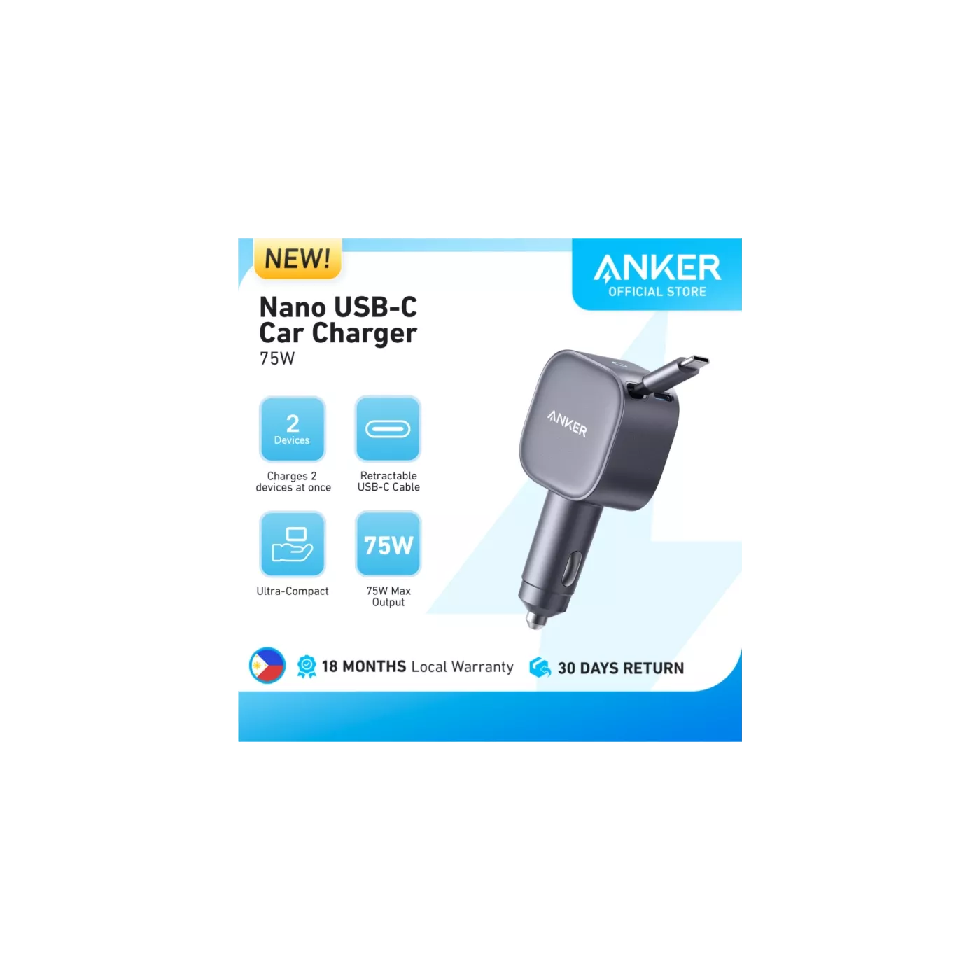 Anker Nano Car Charger (75W, with Retractable Cable) -Gray