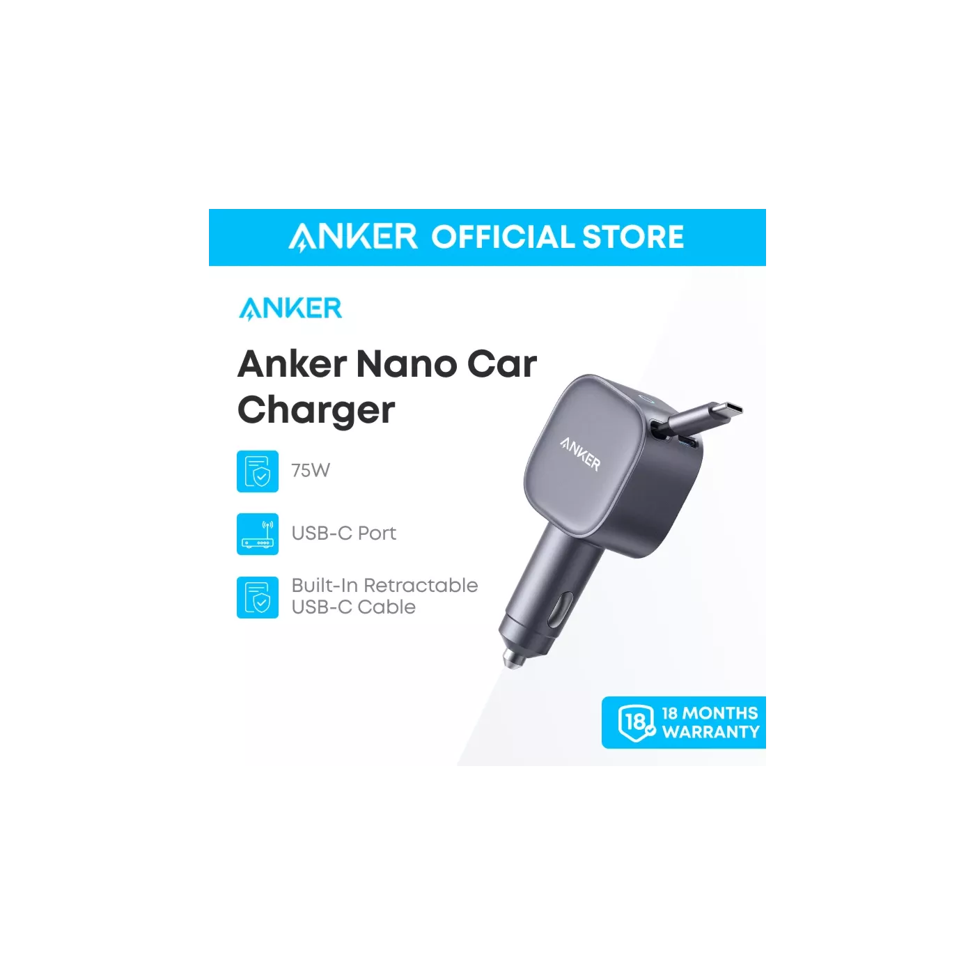 Anker Nano Car Charger (75W, with Retractable Cable) -Gray