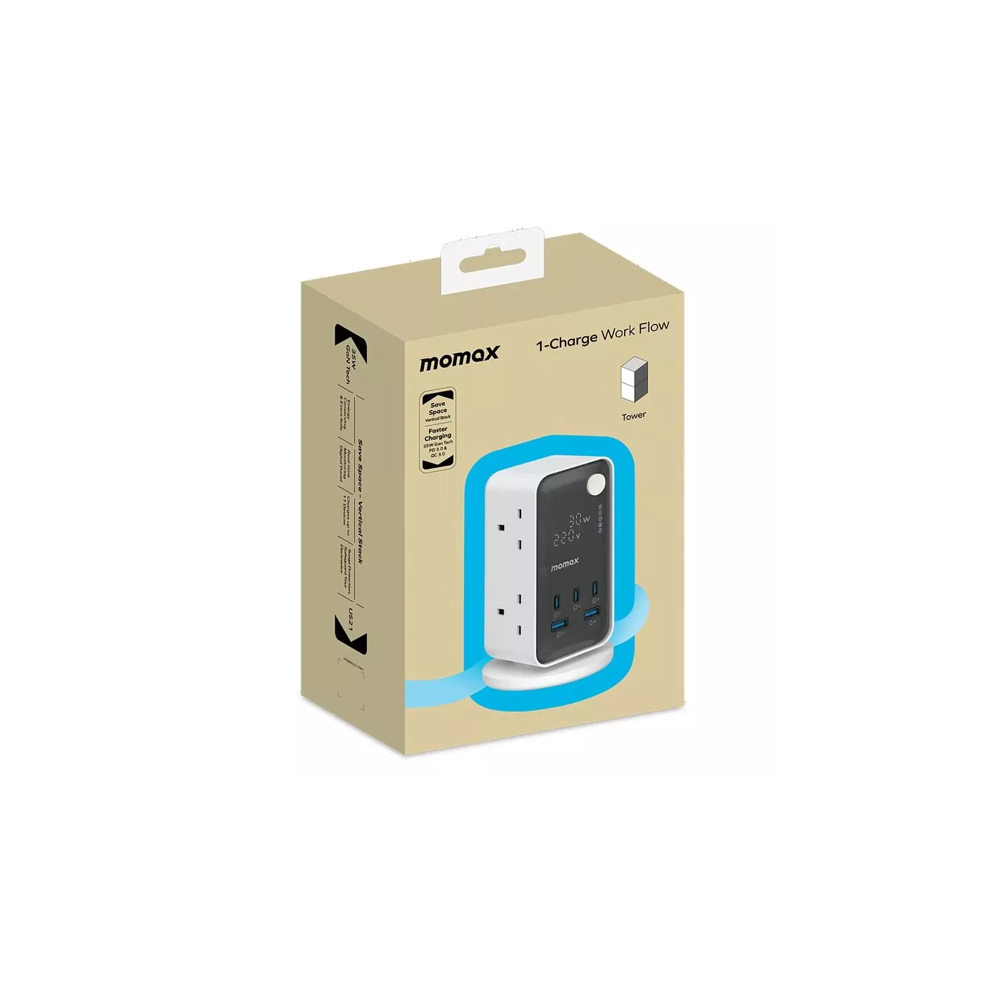 Momax 1-Charge Work Flow 6-Outlet Digital Display Power Tower - White