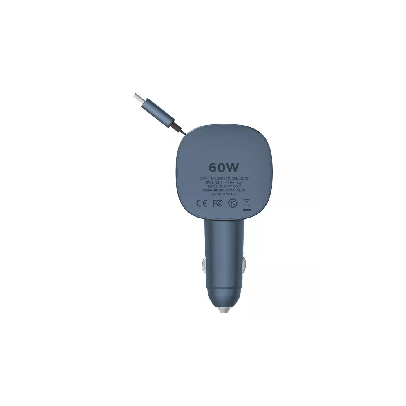 Momax 1-Move+ 60W 2-Port Car Charger with Built-in Retractable Cable - Gray