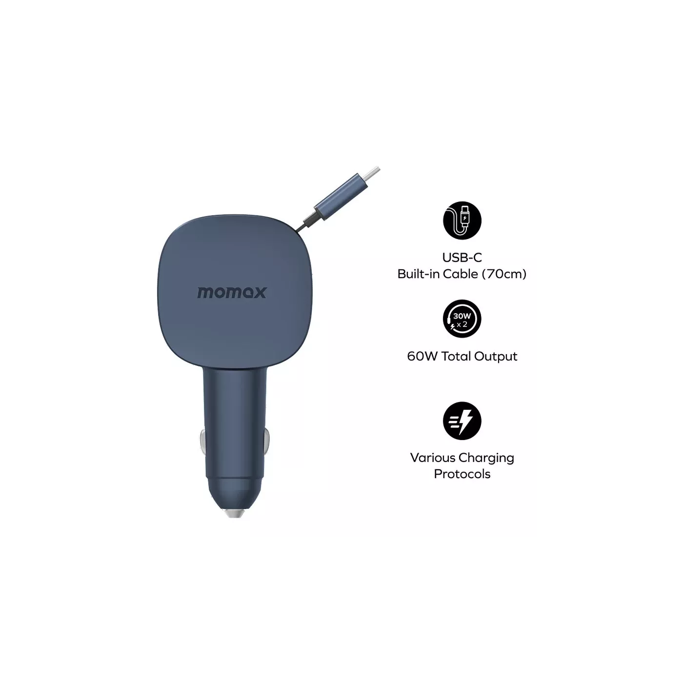 Momax 1-Move+ 60W 2-Port Car Charger with Built-in Retractable Cable - Gray