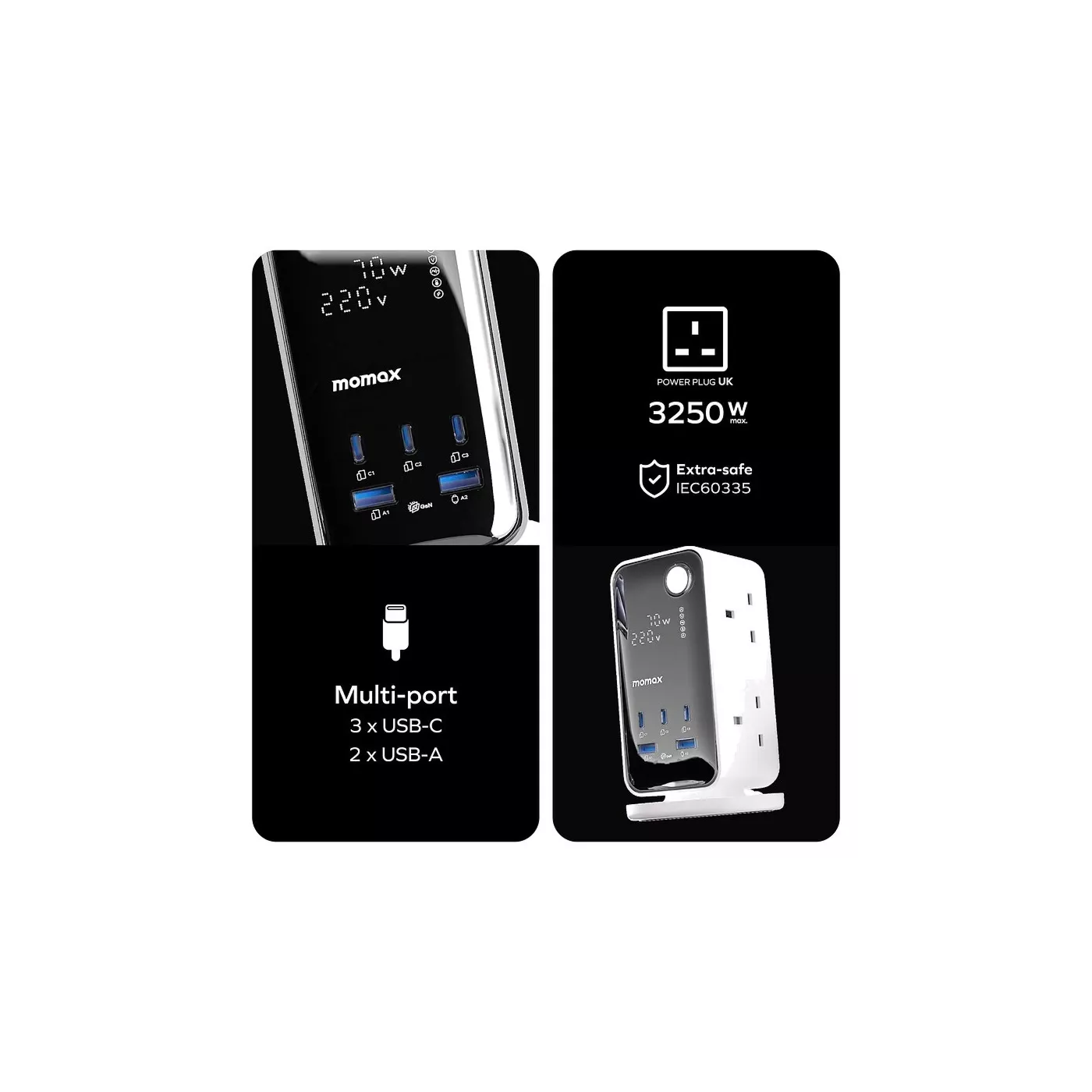 Momax 1-Charge 70W 6-Outlet Digital Display Power Tower with USB - White