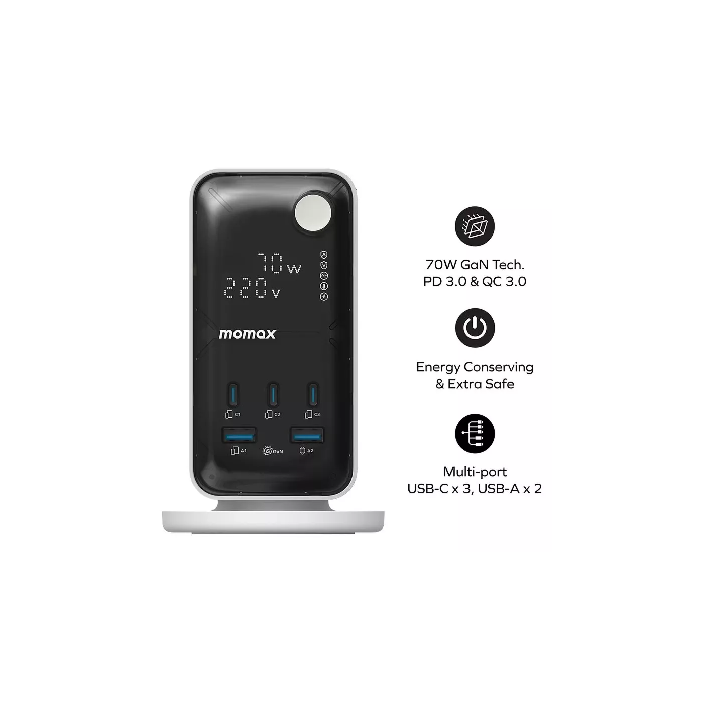 Momax 1-Charge 70W 6-Outlet Digital Display Power Tower with USB - White