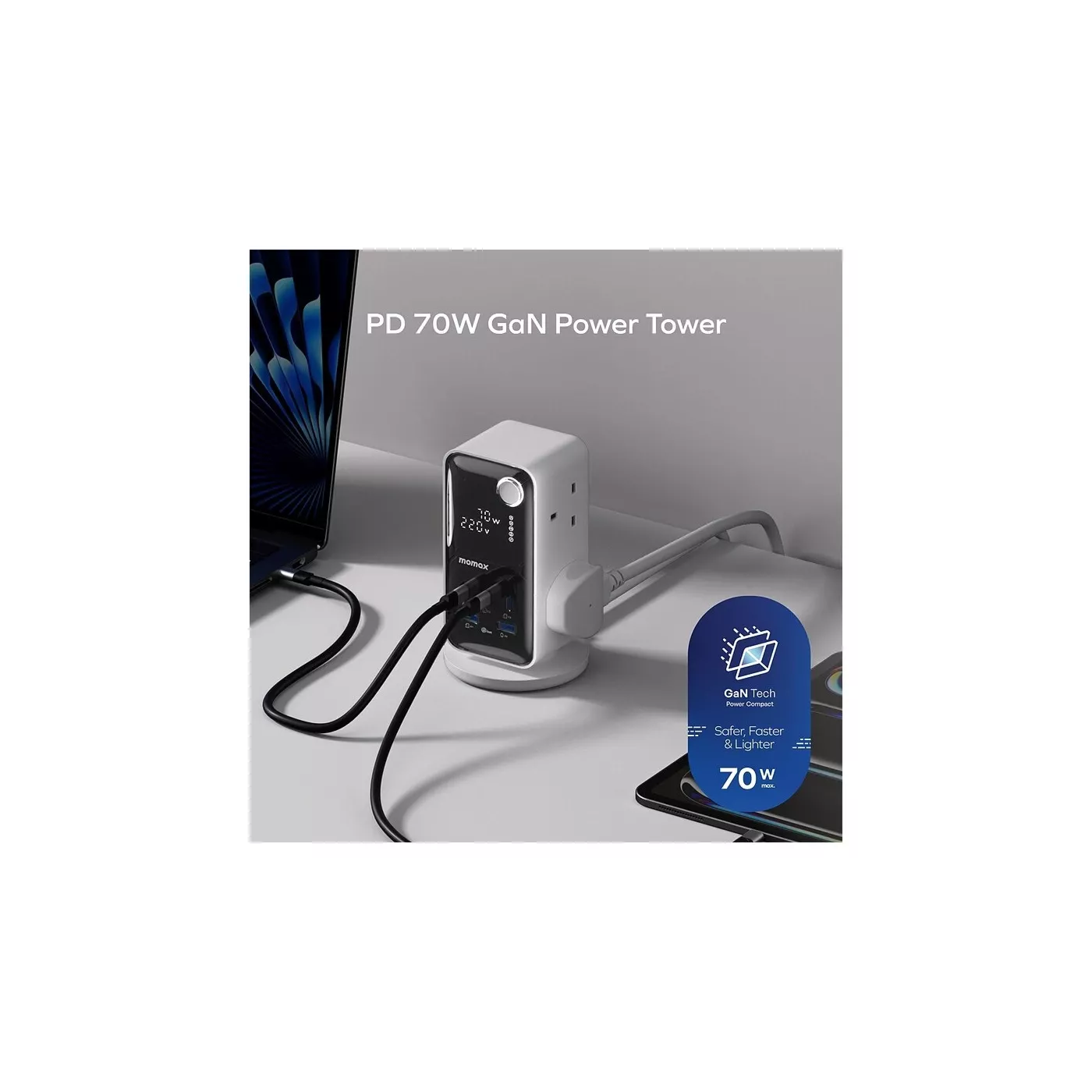 Momax 1-Charge 70W 6-Outlet Digital Display Power Tower with USB - White
