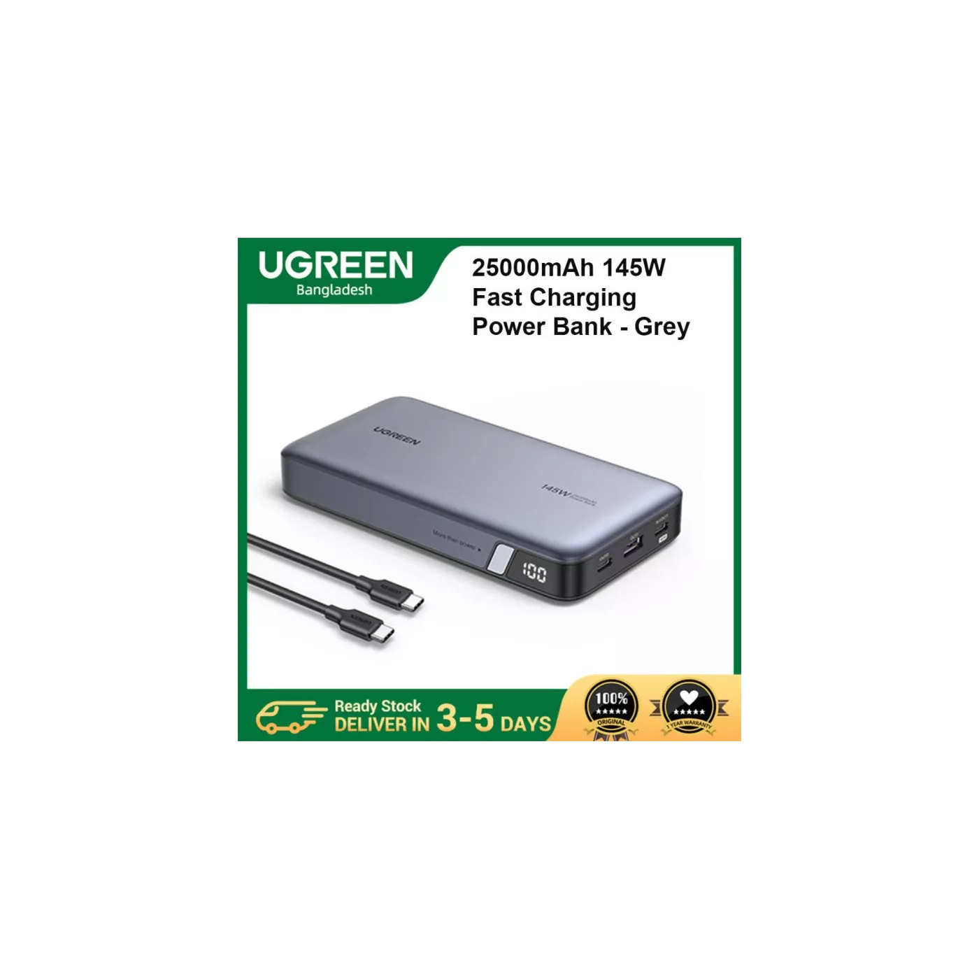 UGreen 25000mAh 145W Two-way Fast Charging Power Bank - Gray