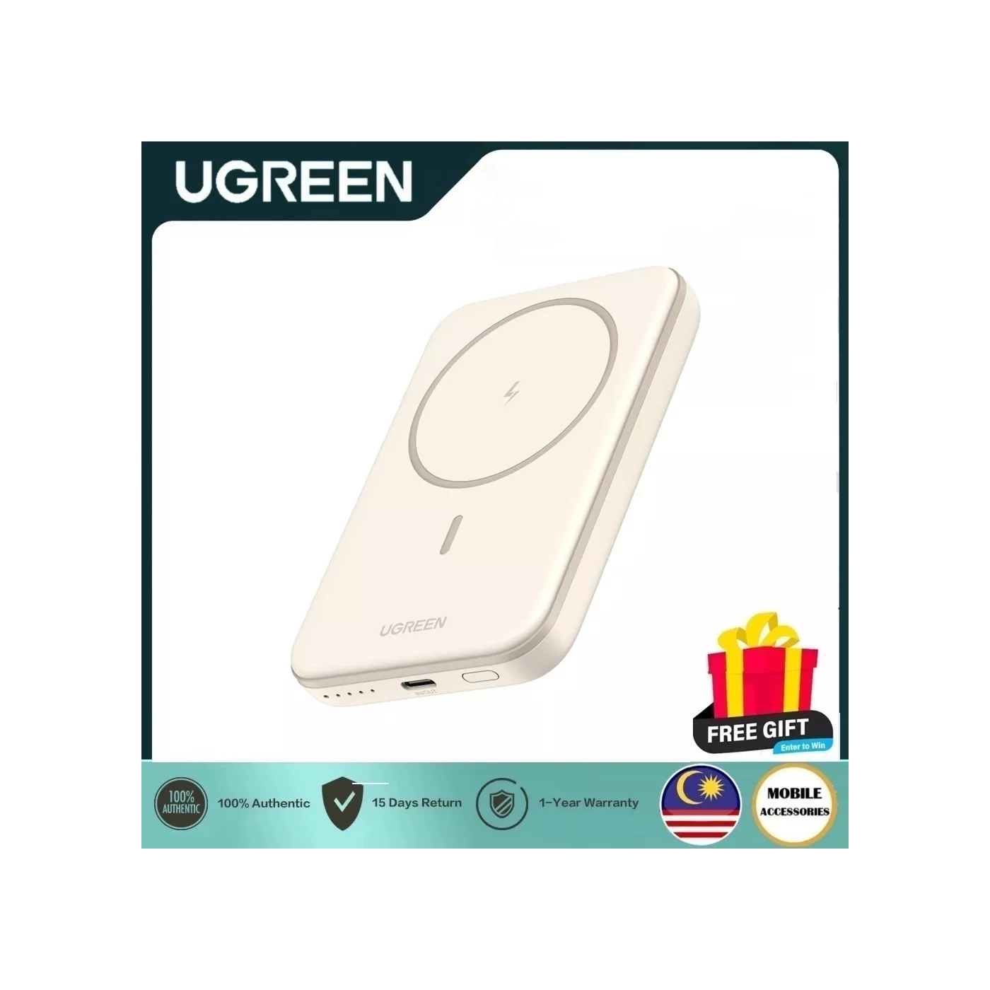 UGreen 5000mAh Mini Magnetic Wireless 15W Power Bank White