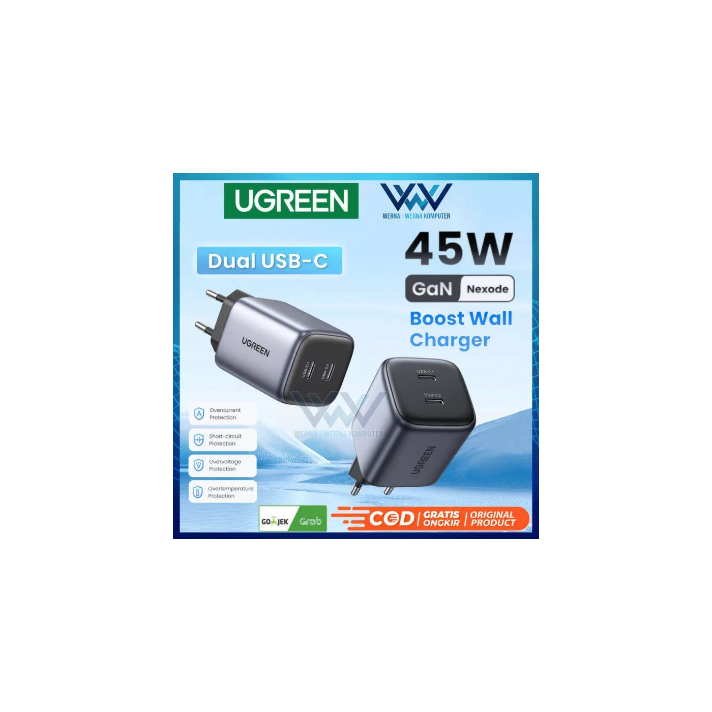UGreen Dual USB-C Fast Charger 45W Gray UK