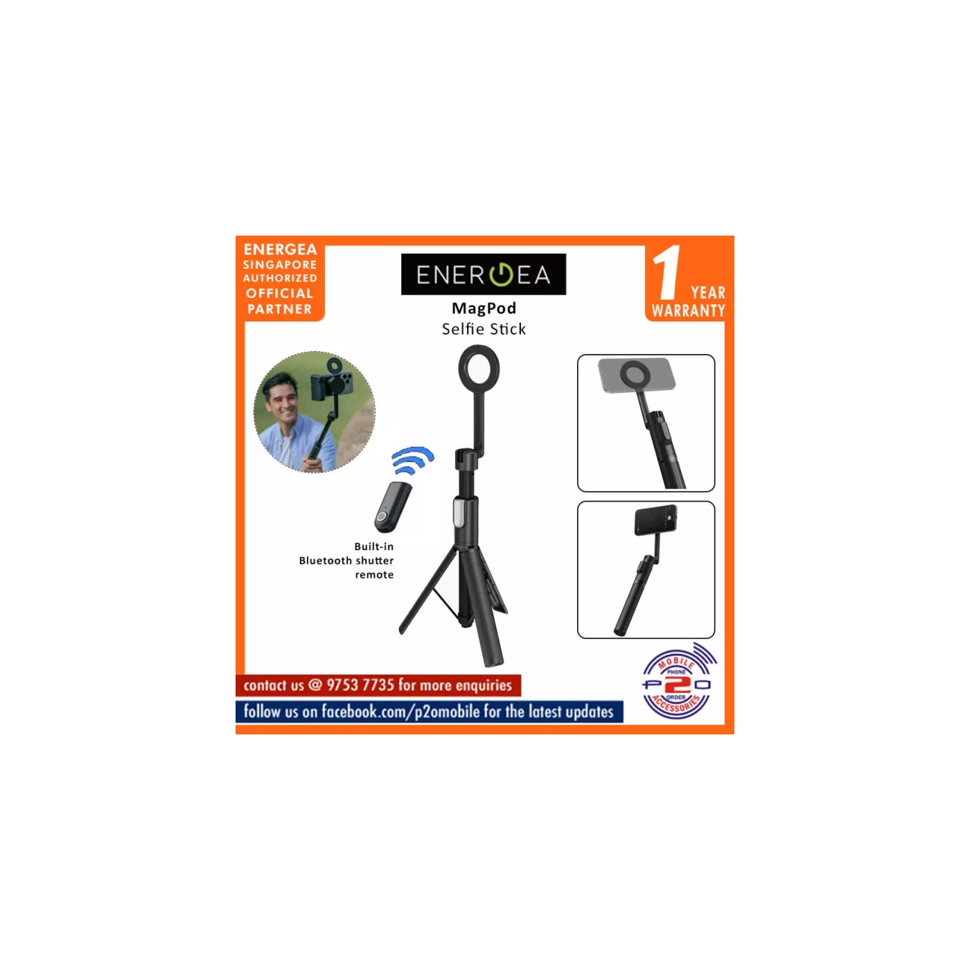 Energea MagPod Selfie Stick with Removable Controller -Black