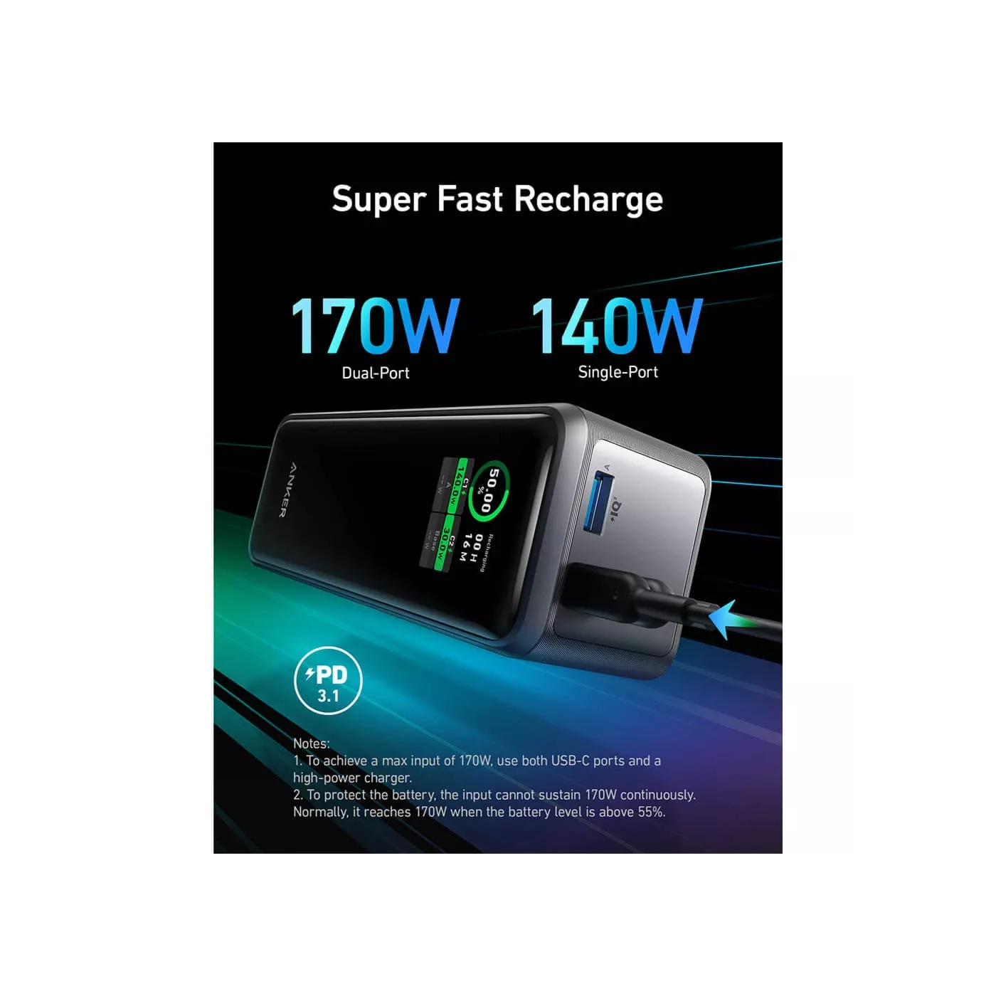 انكر برايم 27650mAh باور بانك 250 وات سلسلة 7 - أسود