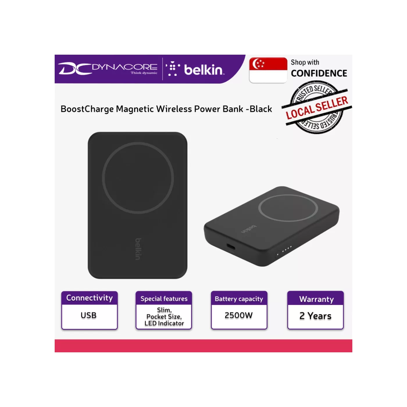 Belkin BoostCharge Magnetic Wireless Power Bank 5K + Stand Black