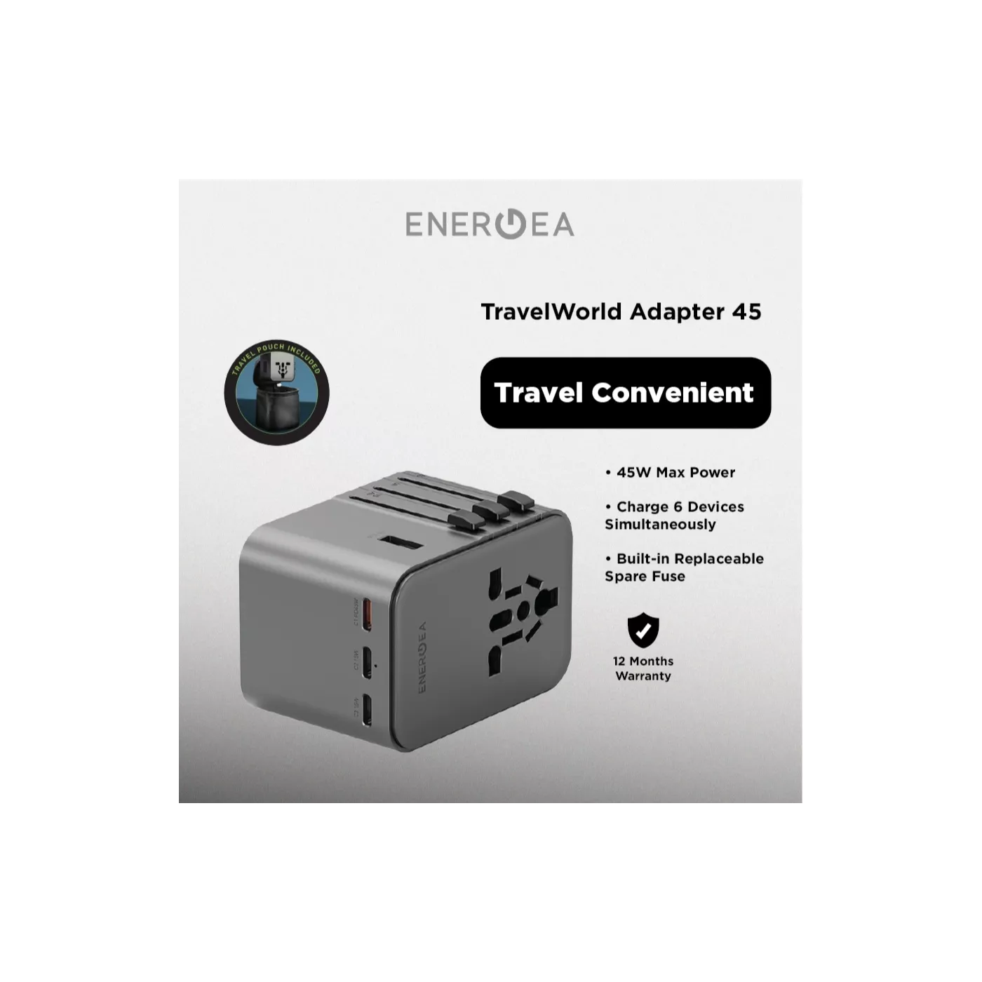 Energea - Travel Adapter -Ultra Portable - 45W - Gunmetal
