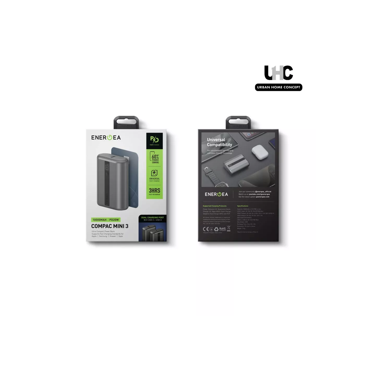 Energea 10K 45W Power Bank with Retractable Cable & Display - Gunmetal