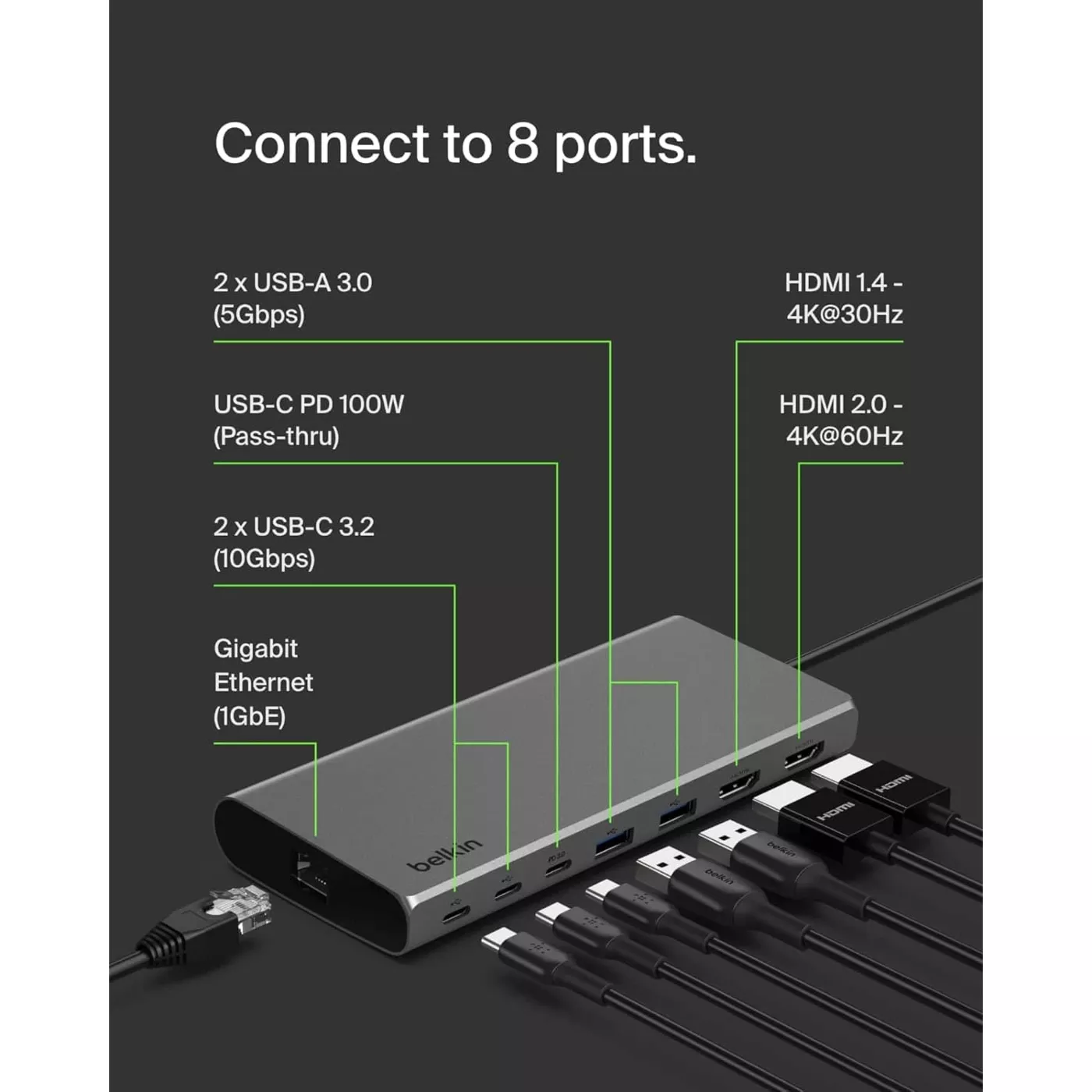 Belkin Connect 8in1 USB-C Hub, W Display Support - 100W