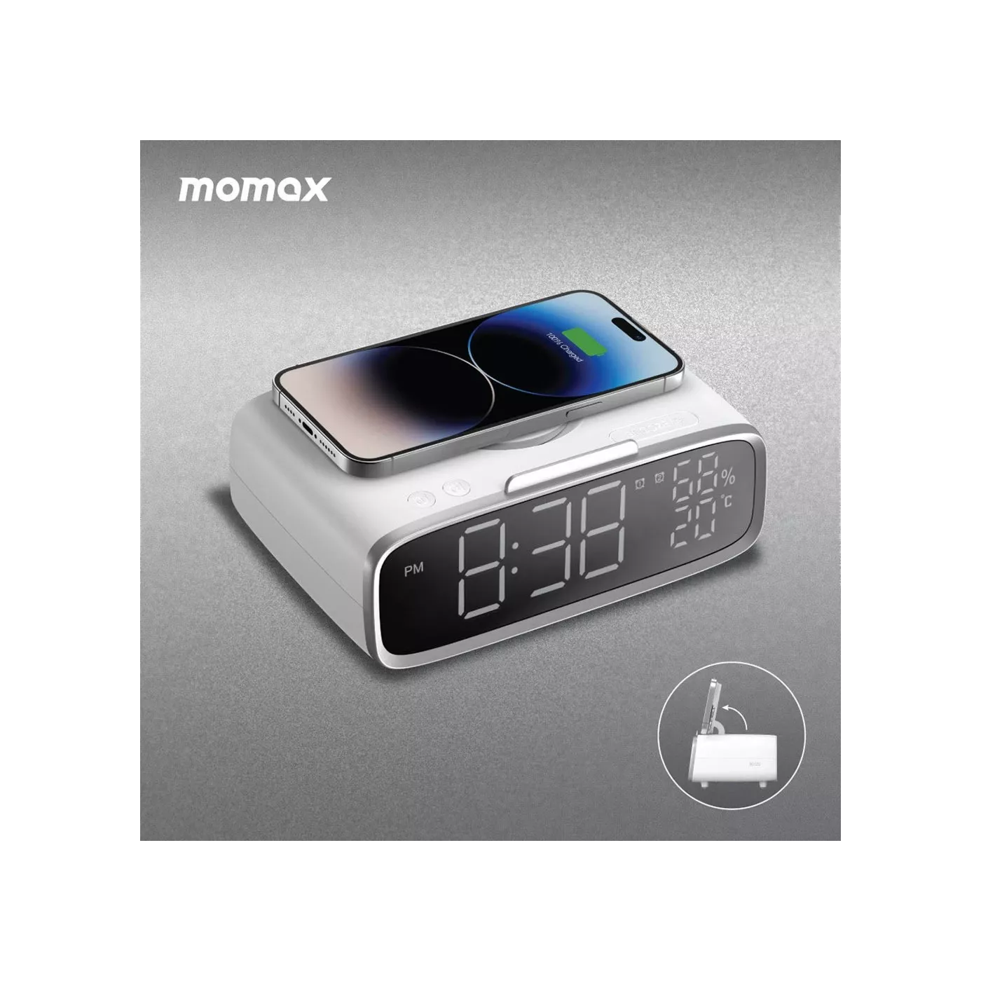 Momax Digital Clock with Wireless Charging - White