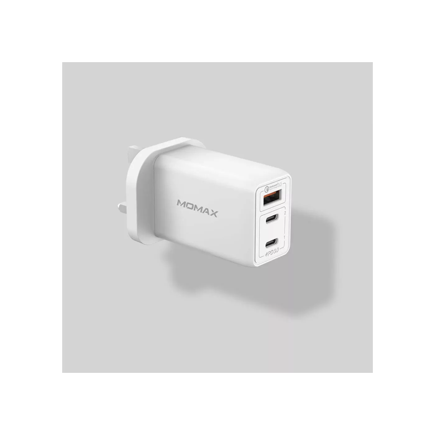 Momax GaN 65W 3-Port Charger (2× USB-C PD + USB-A) UK - White