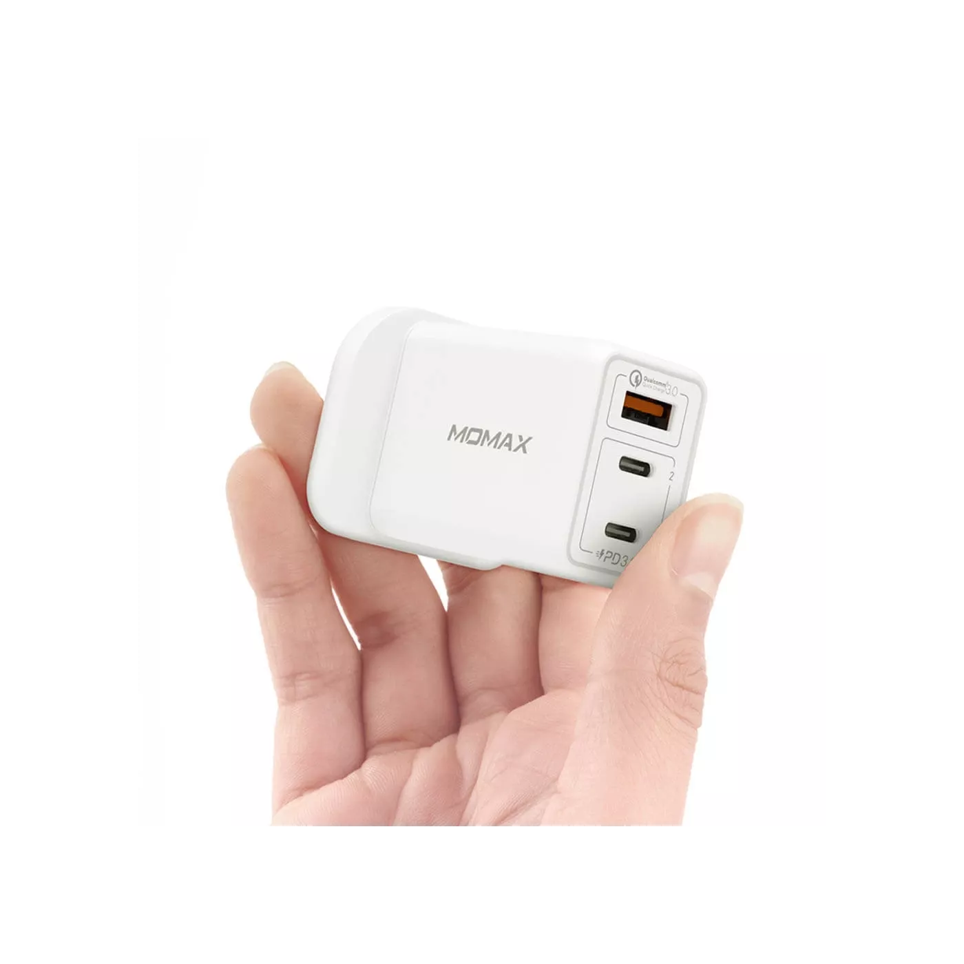 Momax GaN 65W 3-Port Charger (2× USB-C PD + USB-A) UK - White