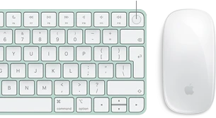 Close-up top view of Magic Keyboard with Touch ID, next to Magic Mouse.