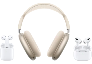 AirPods Pro في علبة شحن مفتوحة، لون أبيض، وHomePod mini، لون سماء الليل