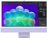 جهاز iMac، الجهة الخارجية الأمامية، لون ليلكي، يعرض مجموعة فقاعات مفعمة بالألوان في تطبيق لتعديل الصور