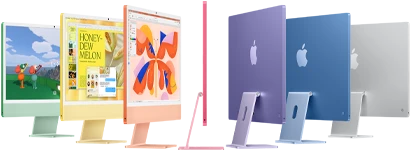 سبعة موديلات iMac باللون الأخضر والأصفر والبرتقالي والوردي والليلكي والأزرق والفضي، مرتبة على شكل أكورديون