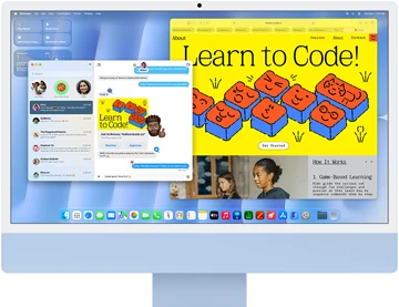 iMac, front exterior, blue color, displaying Messages app and a 'Learn to Code' website