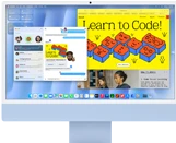 iMac, front exterior, blue color, displaying Messages app and a 'Learn to Code' website