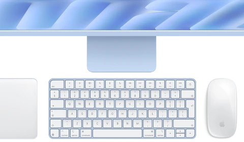 Magic Keyboard with Touch ID, blue color, Magic Trackpad, and Magic Mouse