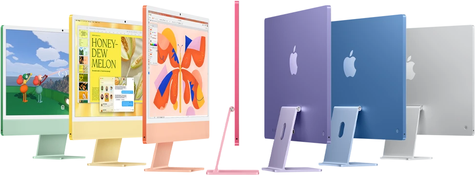 Seven iMac models in colors green, yellow, orange, pink, purple, blue, and silver, unfolding into an accordion arrangement