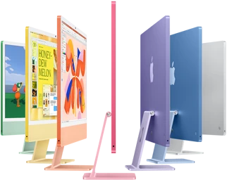Seven iMac models in colors green, yellow, orange, pink, purple, blue, and silver, unfolding into an accordion arrangement