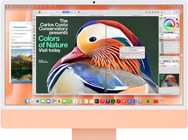 iMac, front exterior, orange color, displaying image editing app with AI tools, and Mail app in the background