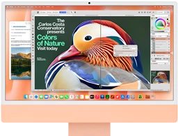 iMac, front exterior, orange color, displaying image editing app with AI tools, and Mail app in the background