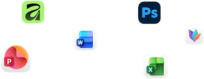 Various app icons floating on screen, including Microsoft Word, Adobe Photoshop, Canva, and Figma