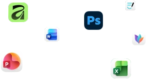 Various app icons floating on screen, including Microsoft Word, Adobe Photoshop, Canva, and Figma