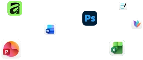 Various app icons floating on screen, including Microsoft Word, Adobe Photoshop, Canva, and Figma