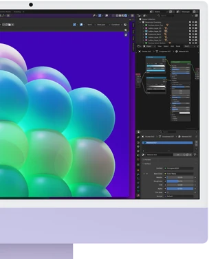 iMac, front exterior, purple color, displaying a colorful bubble structure in an image editing app
