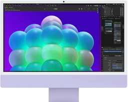 iMac, front exterior, purple color, displaying a colorful bubble structure in an image editing app