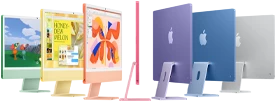 Seven iMac models in colors green, yellow, orange, pink, purple, blue, and silver, in an accordion arrangement