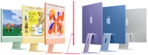 Seven iMac models in colors green, yellow, orange, pink, purple, blue, and silver, in an accordion arrangement