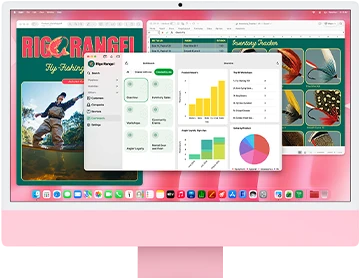 iMac, front exterior, pink color, screen displaying multiple open apps