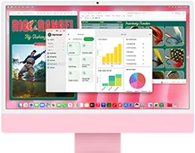 iMac, front exterior, pink color, screen displaying multiple open apps