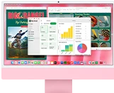 iMac, front exterior, pink color, screen displaying multiple open apps