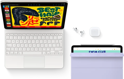 iPad Air attached to Magic Keyboard, with AirPods Pro, Apple Pencil Pro, and Smart Folio accessories