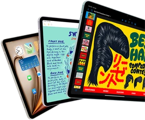 Three iPad Air displays showing iPadOS and apps features