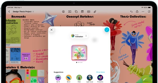 جهاز iPad&nbsp;Air، الجانب الأمامي الخارجي، الوضع الأفقي، زر رفع مستوى الصوت، زر خفض مستوى الصوت، زر التشغيل، شاشة تعرض واجهة تطبيق ملونة مع أيقونات متنوعة