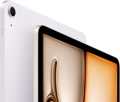 جهاز iPad&nbsp;Air، لون ليلكي، الجانب الأمامي الخارجي، الجانب الخلفي الخارجي، كاميرا&nbsp;خلفية&nbsp;واسعة&nbsp;12MP في&nbsp;الزاوية العلوية اليسرى