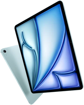 زاوية أمامية لجهاز iPad&nbsp;Air مقاس 13&nbsp;إنش، شاشة ملونة معروضة على الشاشة، جهاز iPad&nbsp;Air مقاس 11&nbsp;إنش مع الجانب الخلفي الخارجي وكاميرا خلفية واسعة 12MP‏