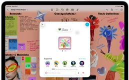 iPad Air, front exterior, landscape orientation, volume-up button, volume-down button, power button, screen displays a colorful app interface with various icons